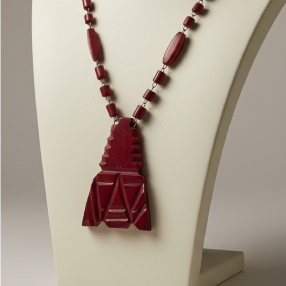Vintage Carved Stone Aztec Tribal Mask Necklace